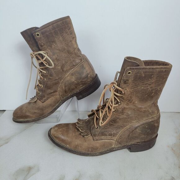 VTG Justin Men\'s L576 Light Brown Leather Lace Up Western Boots, Sz 8 main image 5